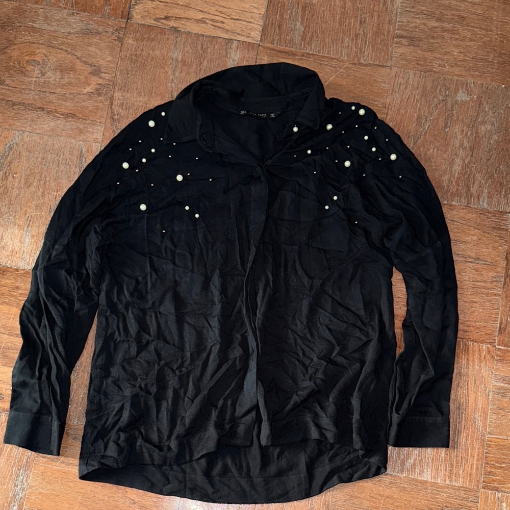 Zara Black Top with Pearl Detail